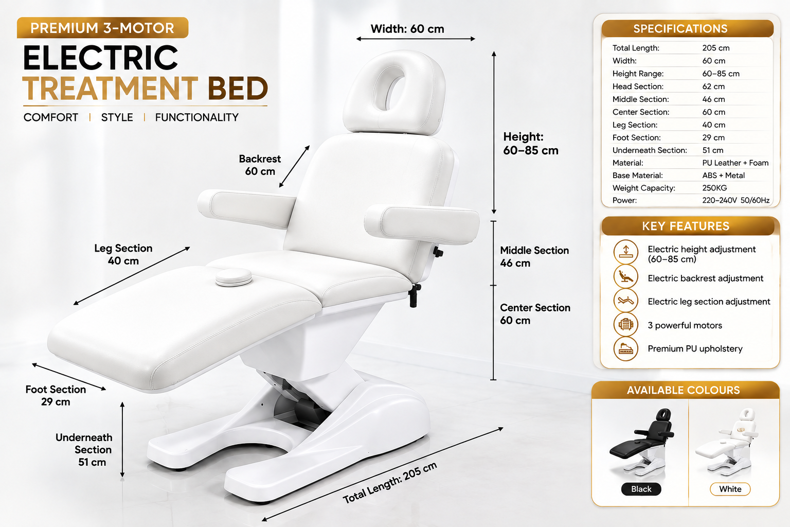 Electric Bed White 3 Motors